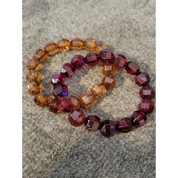 Duo Elastic Bracelets Red and Brown Beads - Picture 1 of 8